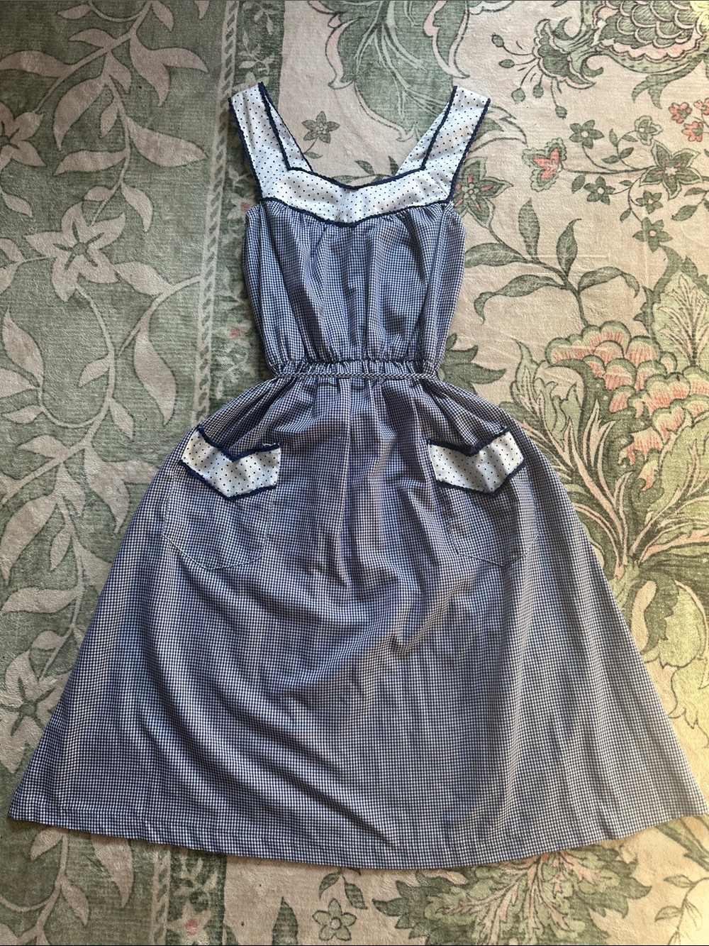 Vintage/ Retro Blue Gingham Sleeveless Cotton Blend Dress with Polka Dot Trim